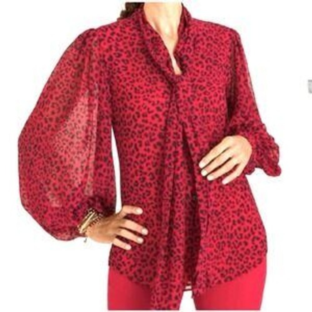Chicos Red Heart Animal‎ Print Tie Neck Blouse Balloon Sleeve Size 1 Sheer Work